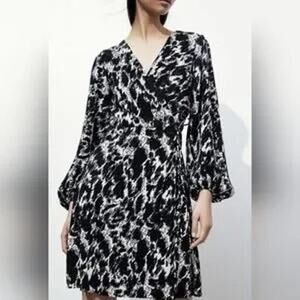 H&M XL Plisse Wrap Dress Black Leopard Print Balloon Sleeve mobwife edgy party